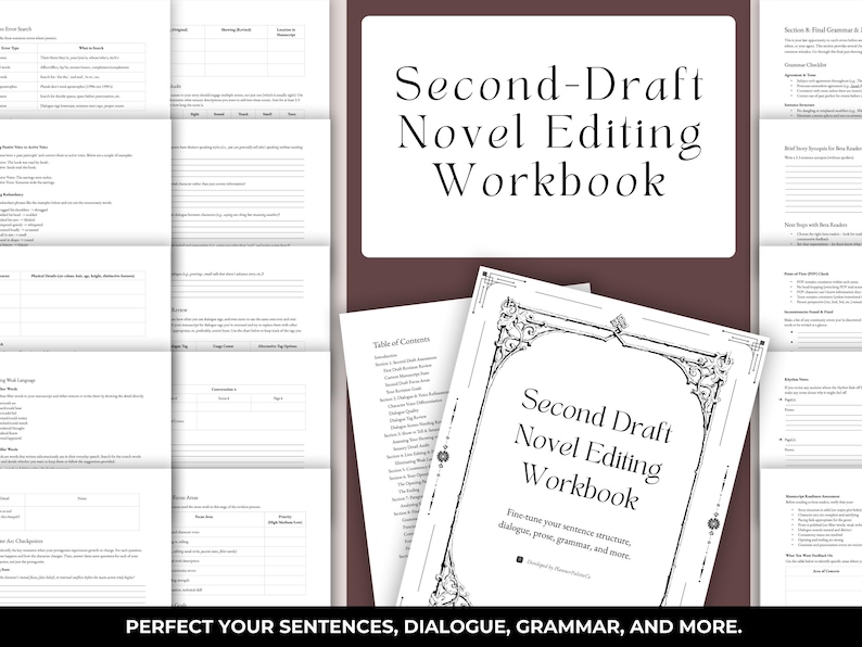 Puede incluir: Un cuaderno blanco titulado "Second-Draft Novel Editing Workbook" con bordes decorativos. El texto de la portada dice "Fine-tune your sentence structure, dialogue, prose, grammar, and more." Se ven p&aacute;ginas adicionales.
