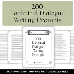 Puede incluir: Un conjunto de tarjetas blancas con el texto "200 Technical Dialogue Writing Prompts" en negro. Las tarjetas están dispuestas en forma de abanico, con la tarjeta principal en el centro. Una pancarta encima dice "200 Technical Dialogue Writing Prompts".