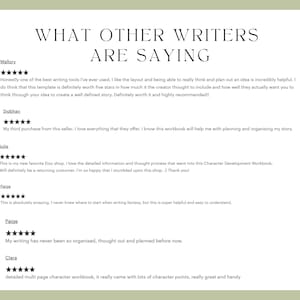 May include: A screenshot of a website with customer reviews for a character development workbook. The reviews are positive and highlight the workbook's helpfulness for planning and organizing stories.