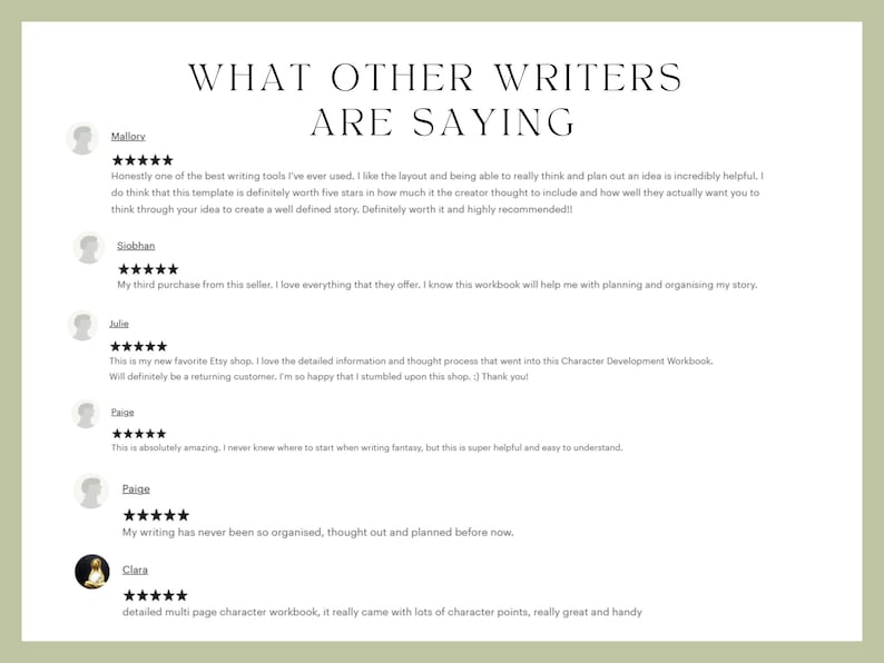 May include: A screenshot of a website with customer reviews for a character development workbook. The reviews are positive and highlight the workbook's helpfulness for planning and organizing stories.