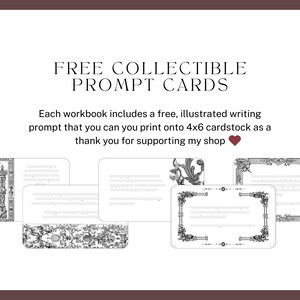 Free collectible prompt cards. Each workbook includes a free, illustrated writing prompt that you can you print onto 4x6 cardstock as a thank you for supporting my shop.