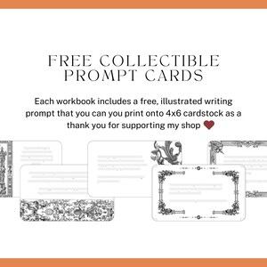 FREE COLLECTIBLE PROMPT CARDS. Each workbook includes a free, illustrated writing prompt that you can you print onto 4x6 cardstock as a thank you for supporting my shop.