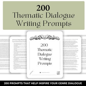 May include: A stack of white cards with the text "200 Thematic Dialogue Writing Prompts" in black. The cards have a decorative border and are arranged in a fan shape. A green rectangle above the cards also displays the text "200 Thematic Dialogue Writing Prompts".