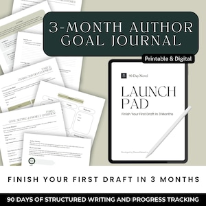 Könnte beinhalten: Ein digitales Produkt für Autoren, genannt "90-Day Novel Launch Pad", mit einem grün-weißen Farbschema. Das Produkt ist ein druckbares und digitales Zieltagebuch für Autoren, das ihnen helfen soll, ihren ersten Entwurf in 3 Monaten fertigzustellen. Der Text "3-Month Author Goal Journal" wird oben im Bild in großer Schrift angezeigt.
