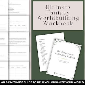 Peut inclure: Un classeur intitulé "The Ultimate Fantasy Worldbuilding Workbook" avec un motif floral vert et blanc sur la couverture. Le classeur est conçu pour vous aider à organiser votre monde fantastique.