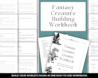 May include: A workbook titled "Fantasy Creature Building Workbook" with a teal background. The cover features the title in elegant script. A second workbook, "Fantasy Creature Creation Workbook", is visible, with illustrations of a griffin, dragon, and mermaid.