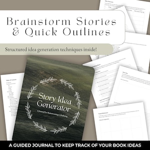 Może przedstawiać: Zielony i biały dziennik z tytułem "Story Idea Generator" i tekstem "A Journal for Brainstorming & Outlining". Dziennik jest prowadzonym dziennikiem do śledzenia pomysłów na książki.