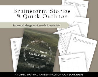Op de afbeelding: Een groen en wit dagboek met de titel "Story Idea Generator" en de tekst "A Journal for Brainstorming & Outlining". Het dagboek is een begeleid dagboek om boekideeën bij te houden.