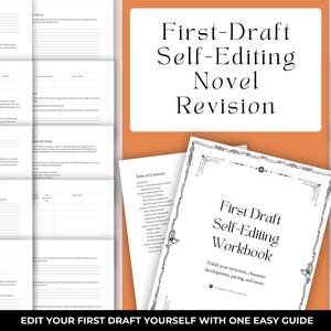 以下が含まれることがあります： 「First-Draft Self-Editing Workbook」というタイトルのワークブックとガイド。テキストは「Polish your structure, character development, pacing, and more」です。表紙は白で、黒い文字と装飾的なボーダーがあります。画像には「First-Draft Self-Editing Novel Revision」というタイトルも含まれています。