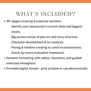 What’s included? 20+ pages covering 5 essential sections: Identify your manuscript's current state and biggest issues. Big picture review of plot arc and story structure. Character development & arc analysis. Pacing & timeline tracking to catch inconsistencies. Scene-by-scene evaluation framework. Dynamic formatting with tables, checklists, and guided exercises throughout. Printable digital format - print at home or use electronically.