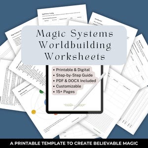 Pode incluir: Uma coleção de folhas de trabalho brancas com o título "Magic Systems Worldbuilding Worksheets" em uma caixa azul clara. Um tablet com uma caneta está no centro, exibindo as folhas de trabalho. O texto no tablet diz "Printable & Digital", "Step-by-Step Guide", "PDF & DOCX Included", "Customizable" e "15+ Pages".