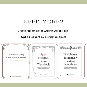 May include: A collage of five book covers with a white background. The covers are for writing workbooks with titles like "The Ultimate Fantasy Worldbuilding Workbook", "Spicy Romance Scene Workbook", and "The Ultimate Romantasy Writing Workbook".