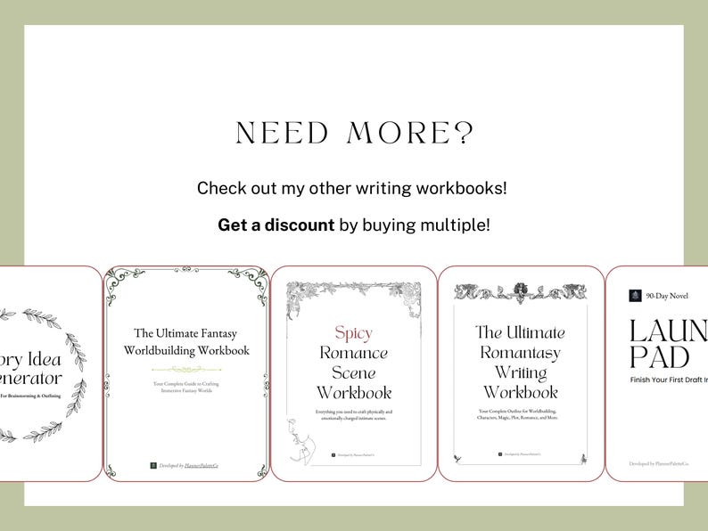 May include: A collage of five book covers with a white background. The covers are for writing workbooks with titles like "The Ultimate Fantasy Worldbuilding Workbook", "Spicy Romance Scene Workbook", and "The Ultimate Romantasy Writing Workbook".