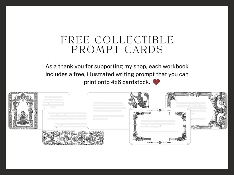 Free collectible prompt cards. As a thank you for supporting my shop, each workbook includes a free, illustrated writing prompt that you can  print onto 4x6 cardstock.