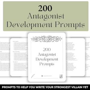 Könnte beinhalten: Eine Reihe weißer Karten mit dem Text "200 Antagonist Development Prompts". Die Karten sollen Autoren helfen, starke Gegenspieler zu entwickeln. Das obere Banner lautet ebenfalls "200 Antagonist Development Prompts".