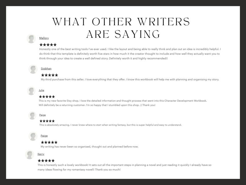 An image that reads "what other writers are saying" with screenshots of several 5-star reviews underneath.