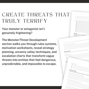 CREATE THREATS THAT TRULY TERRIFY. Your monster or antagonist isn't genuinely frightening? The Monster/Threat Development section walks you through rules systems, motivation worksheets, reveal strategy planning, uncanny valley techniques, and escalation charts that transform vague threats into entities that feel dangerous, unpredictable, and impossible to escape.