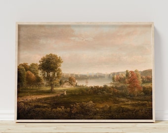 Vintage Autumn Lake View Oil Painting: Antique Fall Landscape Art (Digital Download)