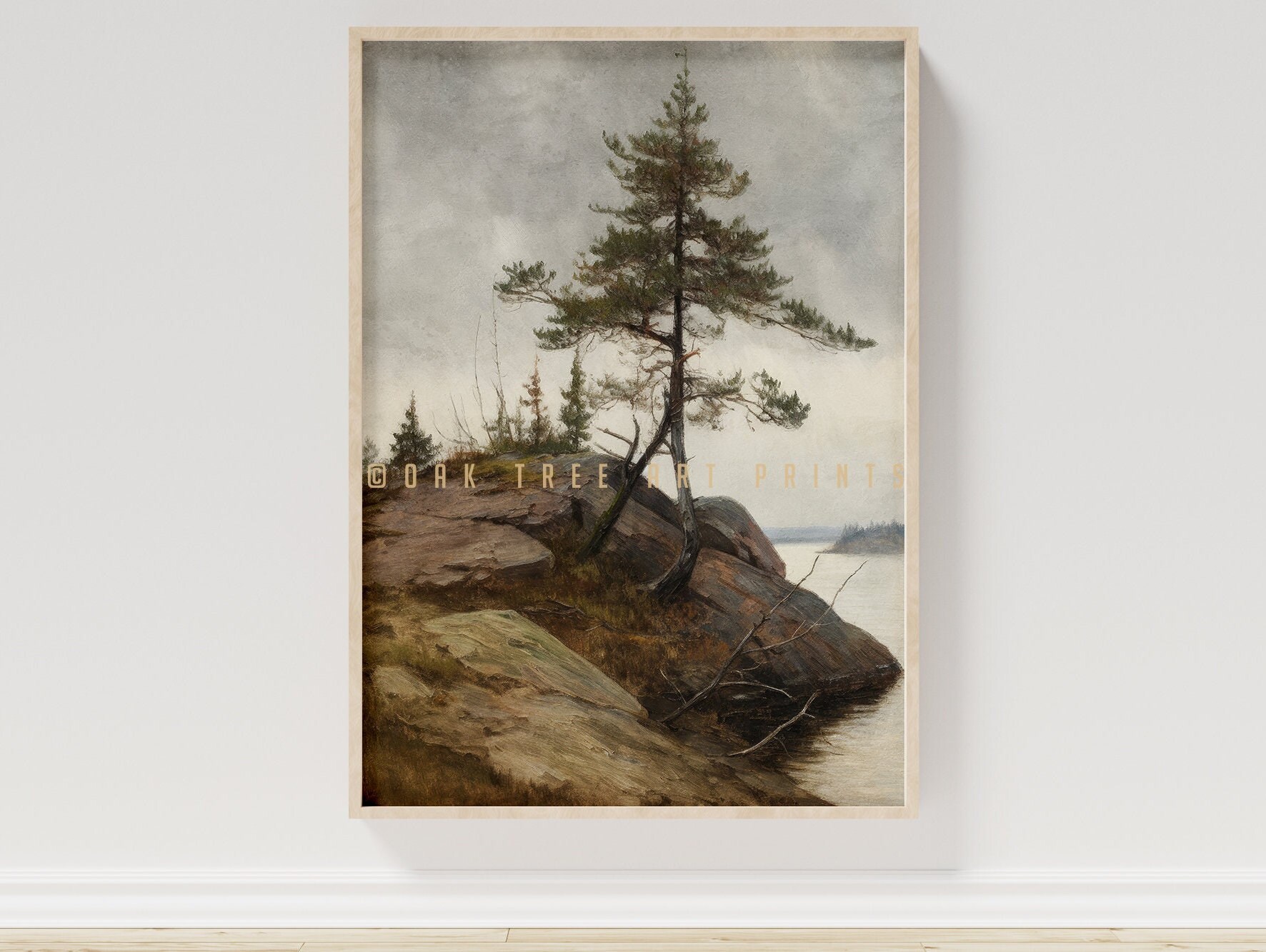 Vintage Pine Landscape Painting: Rustic Antique Wall Art (Digital Download)