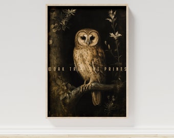 Antique Owl Painting, Dark Academia PRINTABLE Wall Art, Moody Rustic Bird Print, Vintage Animal Illustration, Digital Download | #0115