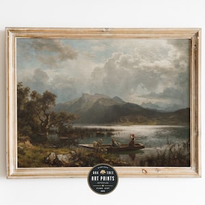 Vintage Lake Painting: Rustic Farmhouse Landscape Art (Printable Download)