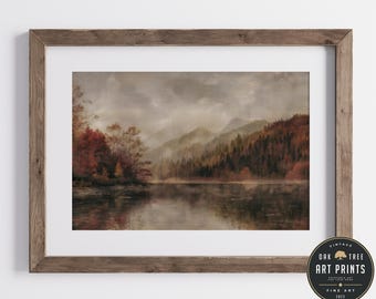 Vintage Autumn Lake Painting: Rustic Moody Landscape Art (Digital Download)