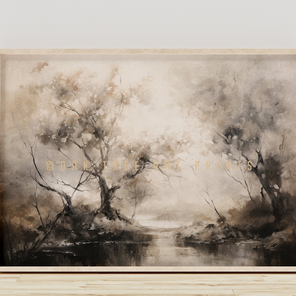 Vintage Romantic Riverscape, Soft Atmospheric Landscape Painting, High-Key Palette, Larme Kei, Twisted Branches, Printable Wall Art | #0054