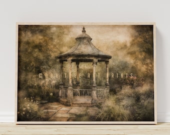 French Country Garden Gazebo Oil Painting: Vintage Art Print (Digital Download)
