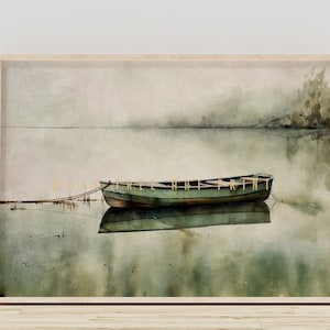 Tranquil Watercolor Rowboat Painting, Serene Lake Scene, Small Wooden Boat, Calm Waters, Peaceful Nature Inspired Download Wall Art | #0046