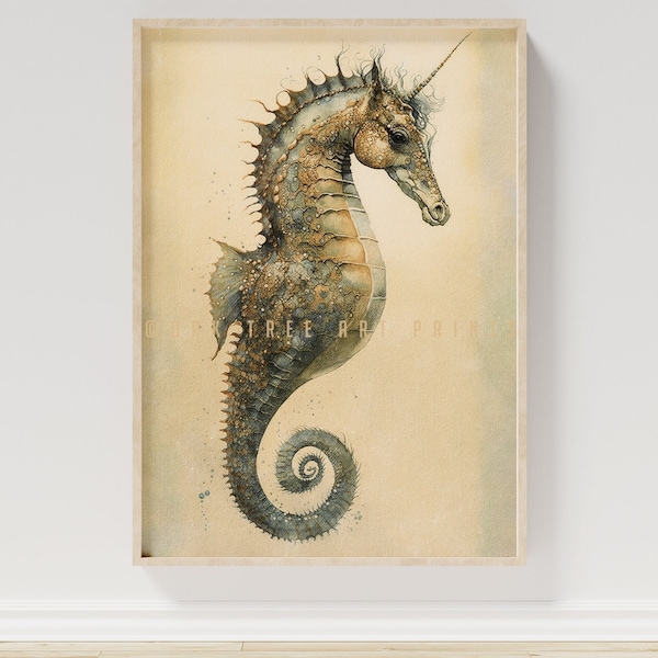 Vintage Seahorse Painting Wall Art PRINTABLE, Elegant Boathouse Poster, Retro Muted Color, Digital DOWNLOAD, Classical Home Deco | #0038