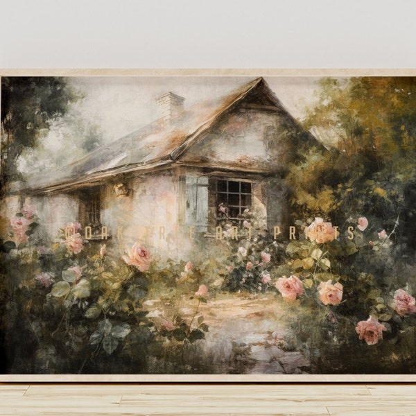 Charming Cottage Oil Painting, Rose Garden Wall Art. Summer Vintage Muted Print, Digital Download, Romantic Floral Home Decor | #0050