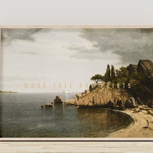 Vintage Cove Seaside Landscape Painting, Antique Coastal Ships Wall Art, Printable Decor, Digital Download | #0009
