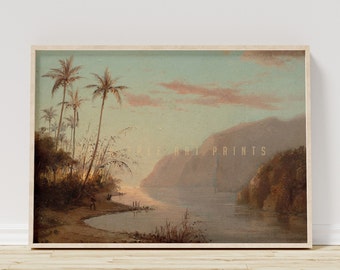 Vintage Tropical Seaside Landscape Painting, Antique Coastal Sunset Wall Art, Printable Decor, Digital Download | #0001