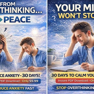 Peut inclure: Image en deux parties avec un ciel bleu en arrière-plan. Le panneau de gauche indique "From Overthinking... Peace" avec un homme se tenant la tête. Le panneau de droite indique "Your Mind Won't Stop?" avec un homme qui écrit.