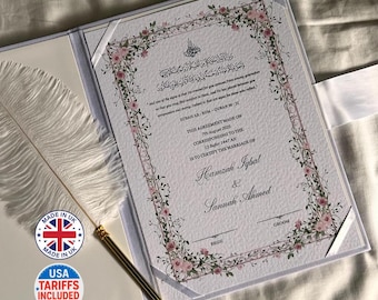 A4 Nikkah Certificate ~ Feather Pen ~ Certificate folder ~ White Hammered Card ~ nikkah booklet