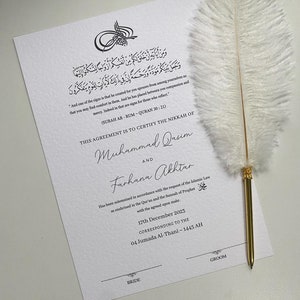 Certificat Nikkah simpliste/moderne A3/A4 ~ stylo de mariage plume ~ titulaire du certificat ~ carte blanche martelée