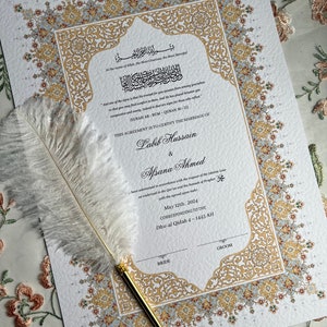 A4/A3 Nikkah-Urkunde ~ Feder Hochzeitsstift ~ Zertifikatshalter ~ Weisse Gehämmerte Karte