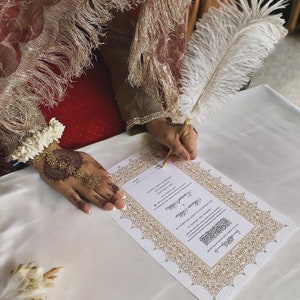 Certificado Nikkah de oro A4/A3 - Pluma de boda de plumas - Titular del certificado - Tarjeta martillada blanca