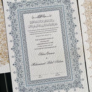 A4/A3 Nikkah-certificaat ~ verenpen ~ certificaatmap ~ White Hammered Card ~ nikkah-boekje Blue
