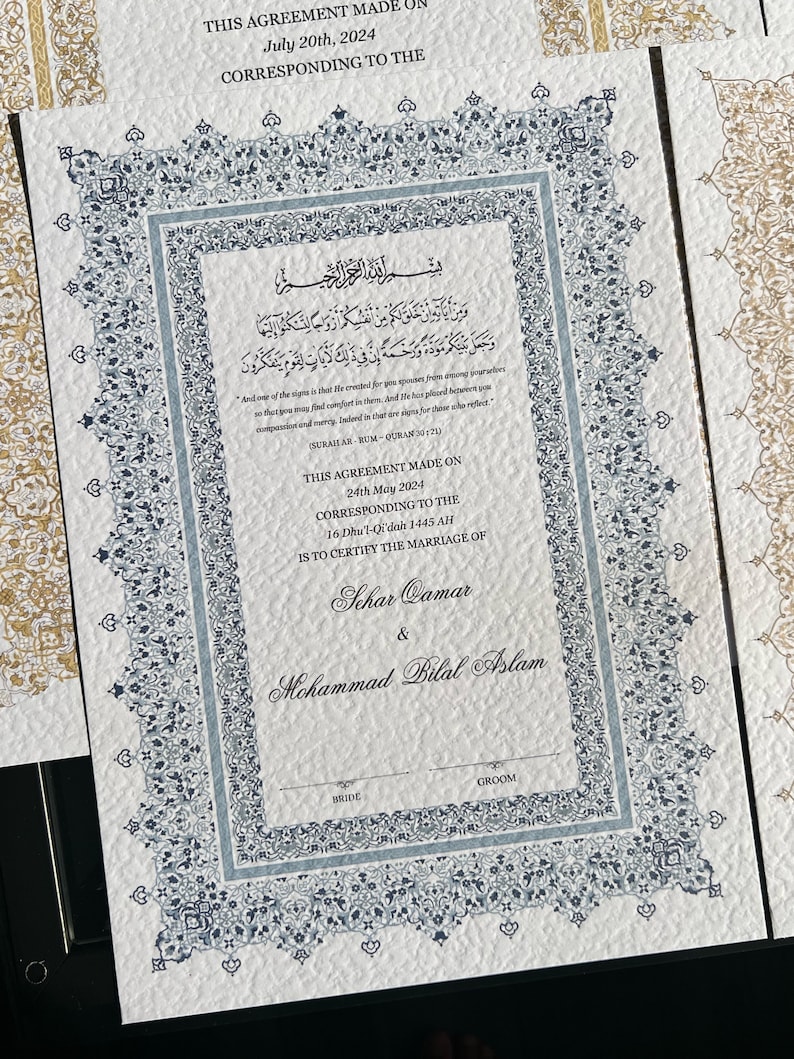 A4/A3 Nikkah-certificaat ~ verenpen ~ certificaatmap ~ White Hammered Card ~ nikkah-boekje Blue