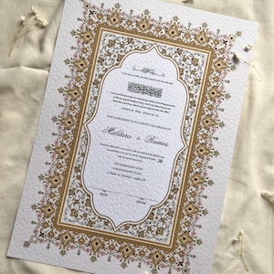 Certificado Nikkah en colores pastel A4/A3 ~ Bolígrafo de boda con forma de pluma ~ Portacertificados ~ Tarjeta martillada blanca