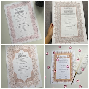 Certificado Nikkah ROSA A4/A3 (12 diseños) ~ Bolígrafo de boda con plumas ~ Portacertificados ~ Tarjeta martillada blanca