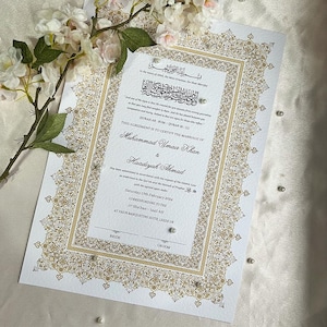 A4/A3 Nikkah-Urkunde ~ Feder Hochzeitsstift ~ Zertifikatshalter ~ Weisse Gehämmerte Karte