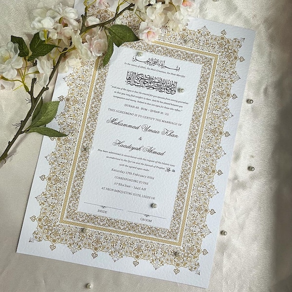 A4/A3 Nikkah Certificate ~ Feather Wedding Pen ~ Certificate Holder ~ White Hammered Card