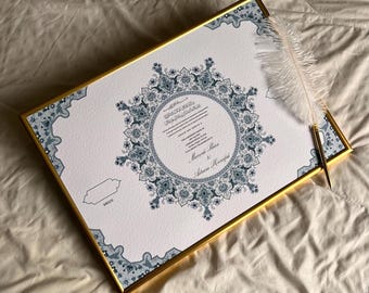 A3 Nikkah Certificate ~ Feather Pen ~ Certificate folder ~ White Hammered Card ~ circle design