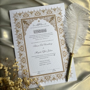 A4/A3 Nikkah-Urkunde ~ Hochzeitsstift ~ Zertifikatshalter ~ Weisser Gehämmerter Karton (60+ designs)