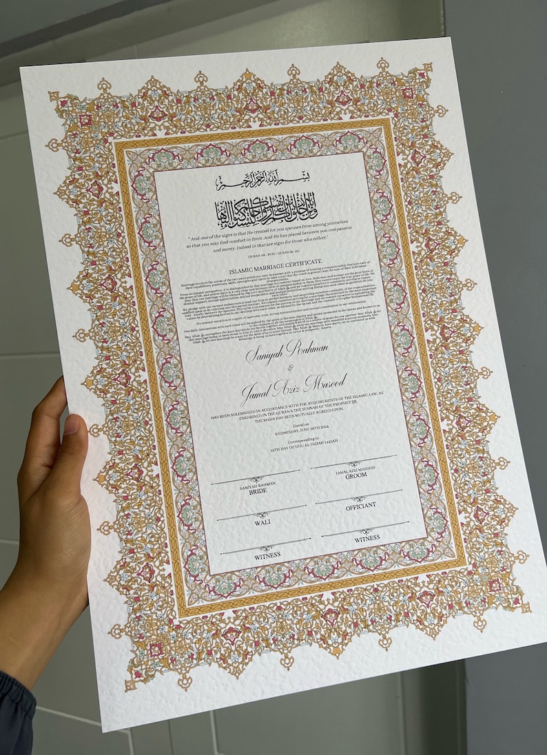 A4/A3 Nikkah-certificaat ~ verenpen ~ certificaatmap ~ White Hammered Card ~ nikkah-boekje Colourful