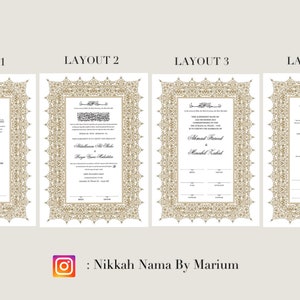 Op de afbeelding: Vier trouwkaartontwerpen met sierlijke gouden randen en tekst in Arabisch schrift. Elk ontwerp toont een andere indeling van tekst en decoratieve elementen. De afbeelding toont de Instagram-gebruikersnaam "Nikkah Nama By Marium" onderaan.