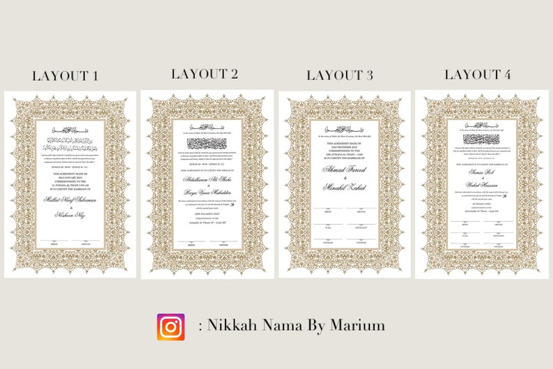 Op de afbeelding: Vier trouwkaartontwerpen met sierlijke gouden randen en tekst in Arabisch schrift. Elk ontwerp toont een andere indeling van tekst en decoratieve elementen. De afbeelding toont de Instagram-gebruikersnaam "Nikkah Nama By Marium" onderaan.