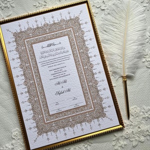 A4/A3 Nikkah-Urkunde ~ Feder Hochzeitsstift ~ Zertifikatshalter ~ Weisse Gehämmerte Karte